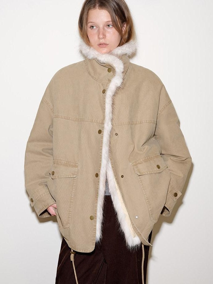 fano 90% White Duck Down Warm Korean Straight Washed Khaki Stand Collar Down Jackets