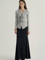 someone sometimes Ruffled V-neck Slim Fit Thin Knit Viscose Women Oatmeal Long Sleeve T-Shirts