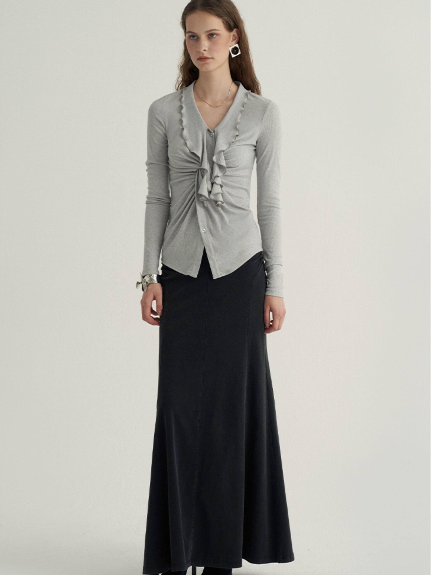 someone sometimes Ruffled V-neck Slim Fit Thin Knit Viscose Women Oatmeal Long Sleeve T-Shirts