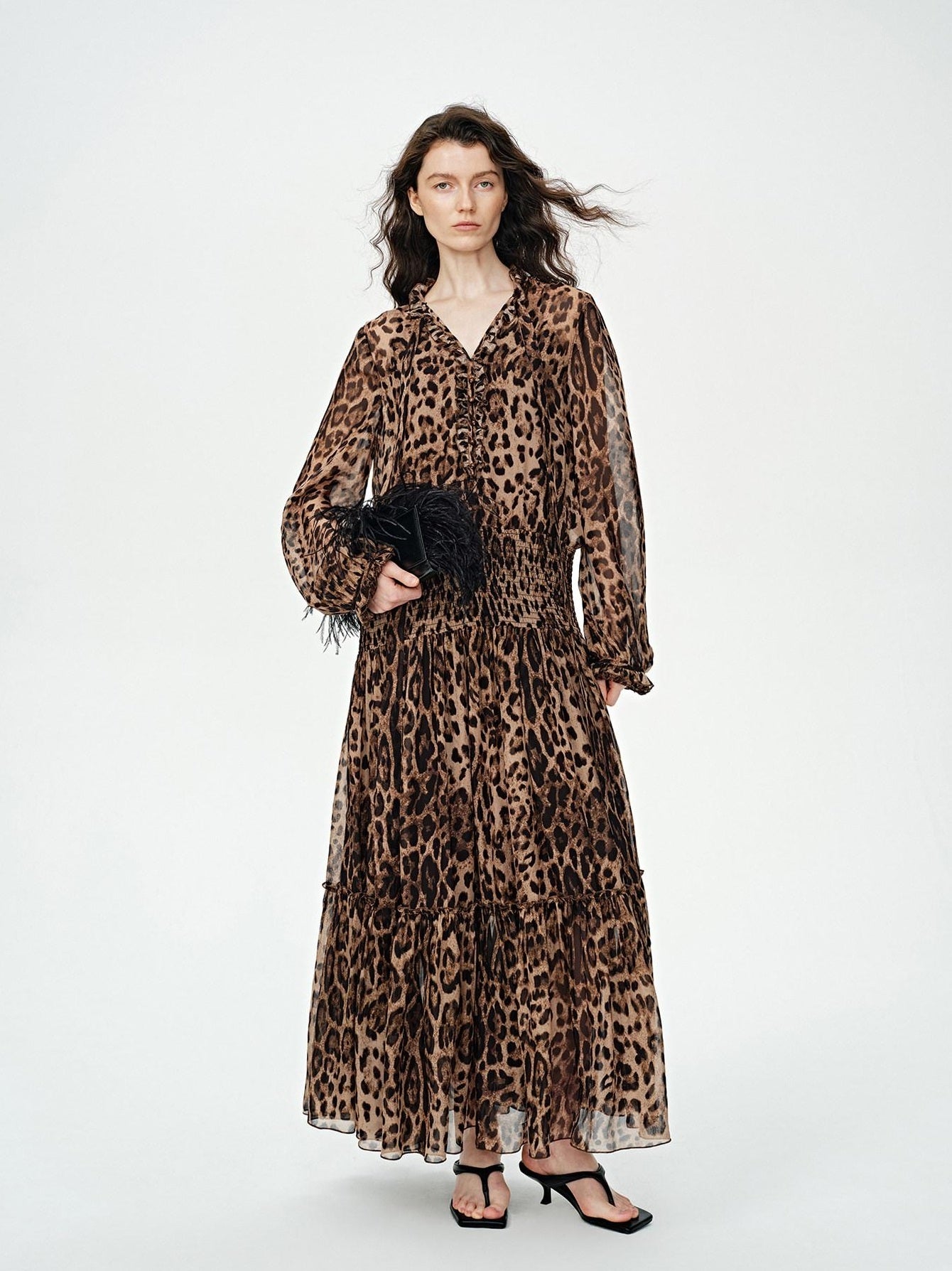 audreyyang Silk Blend Leopard Print A Line Fitted Waist Long Sleeve Vacation Maxi Dresses