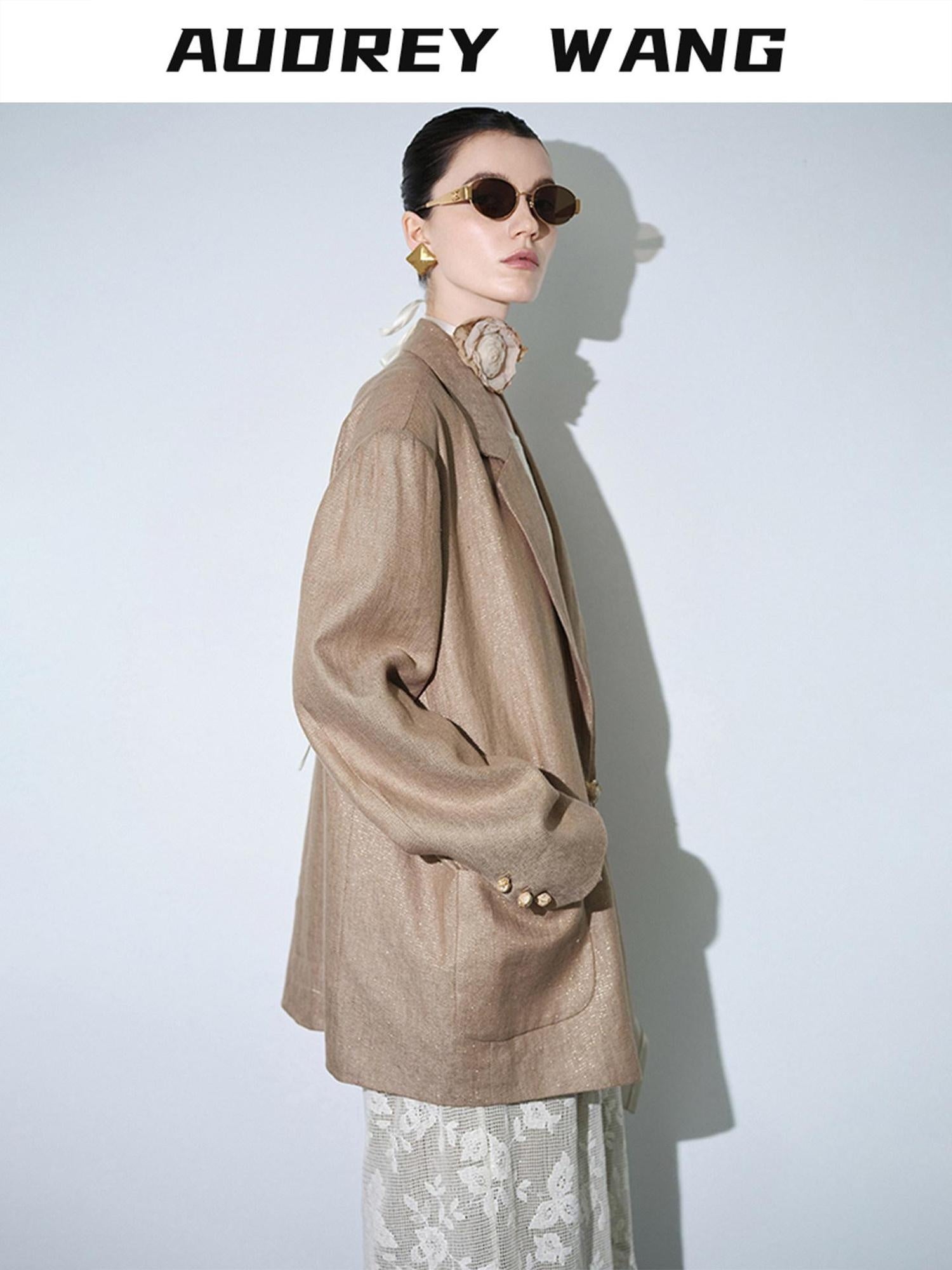audreyyang Breathable Pure Linen Dot Loose Fit Notched Lapel Women Workwear Gold Blazers