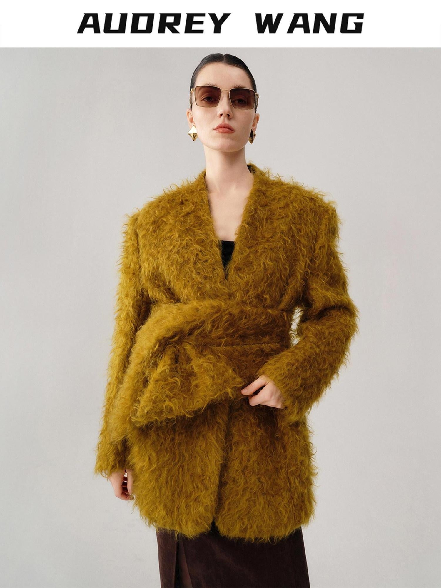 audreyyang Thick Mohair Blend Commuter V-neck For Women Solid Mustard And Grape Wool Coats