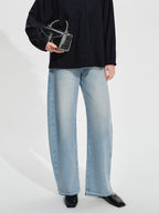 audreyyang High Waist Water Washed Light Blue Zipper Fly No Stretch Women Wide Leg Jeans