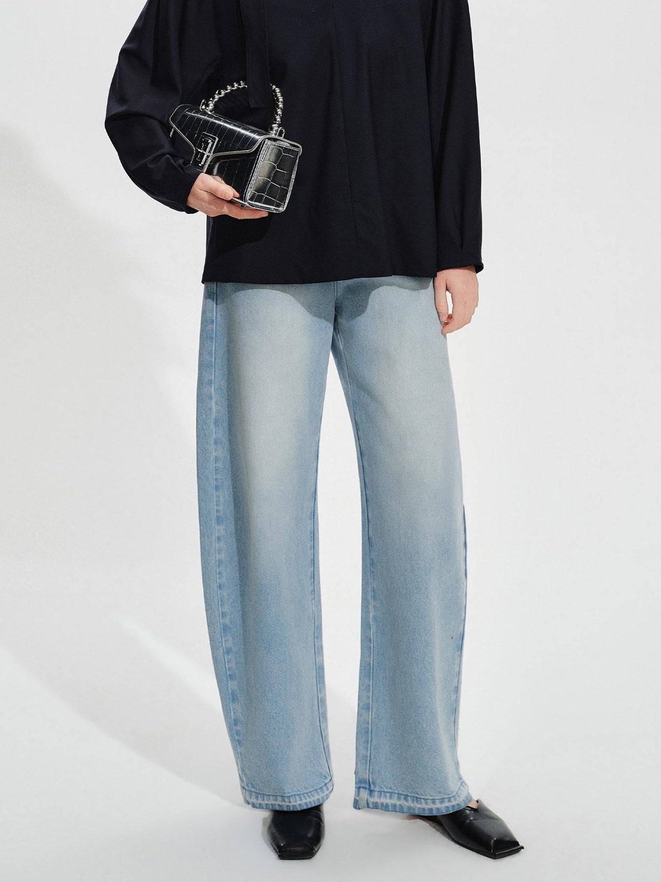 audreyyang High Waist Water Washed Light Blue Zipper Fly No Stretch Women Wide Leg Jeans