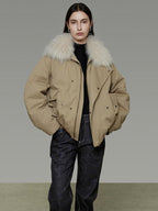 unspoken 90% White Duck Down Fur Collar Loose Commuter Khaki Zip Lapel Down Jackets