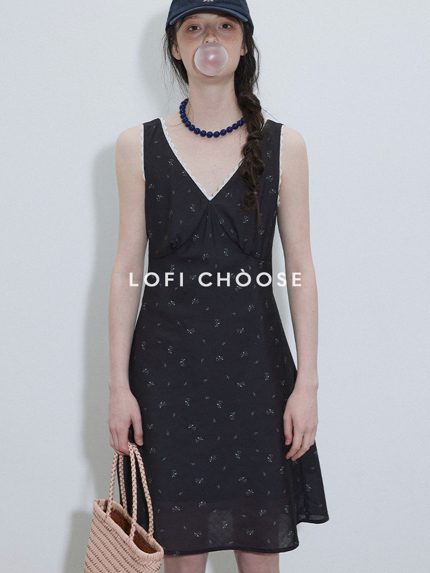 Lofi choose Printed Polyester Sleeveless V-neck A Line Casual Women Black Blue Midi Dresses