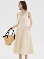 fano Cotton High Waist Pleated Minimal A Line Square Neck Women Maxi Dresses