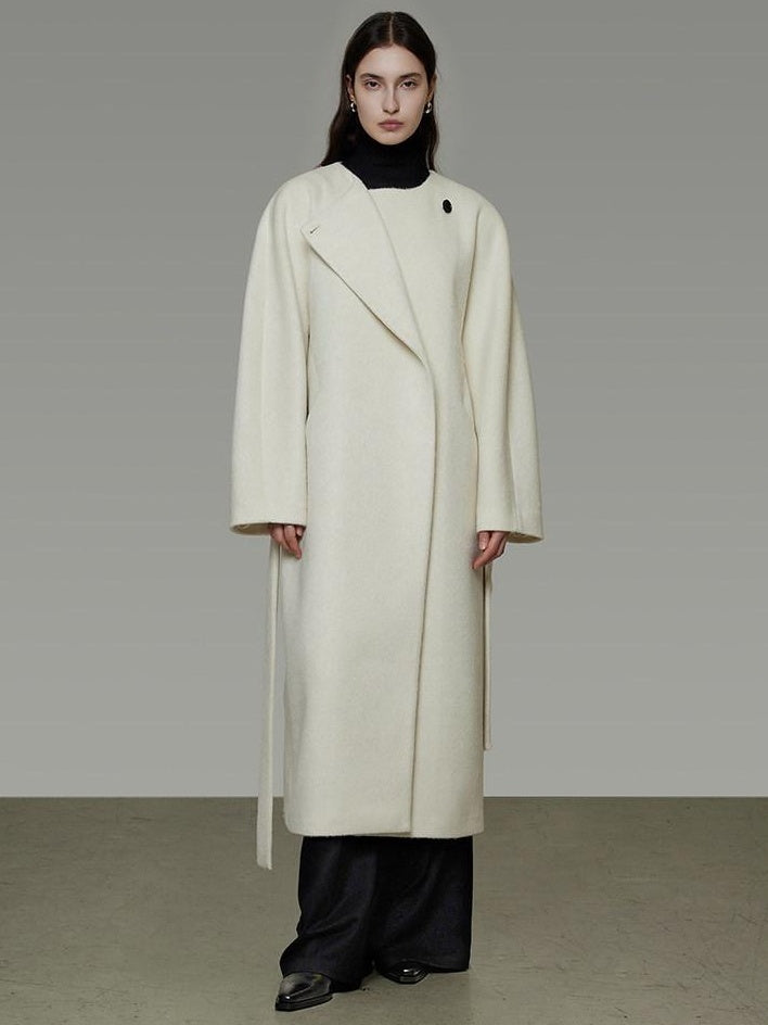 unspoken Lambswool Blend Tie Waist Oversized Commuter Longline White Wool Coats