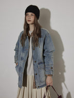 Lofi choose Cotton Colorblock Loose Fit Women Button Midlength Blue Denim Jackets