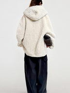 fano Warm Hooded Zip Closure Oversized Casual Boxy Fit Young Women Beige Short Coat