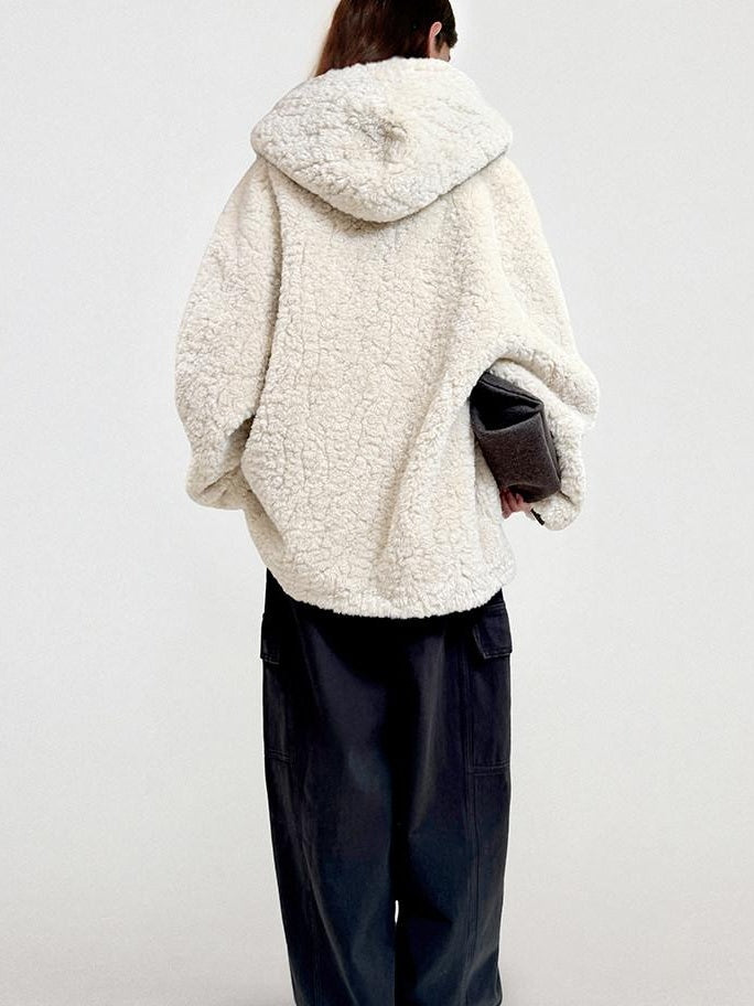 fano Warm Hooded Zip Closure Oversized Casual Boxy Fit Young Women Beige Short Coat