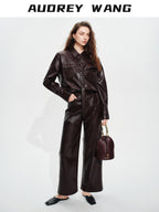 audreyyang Premium Pu Leather Lapel Long Sleeve Tailored Womens Black Wine Leather Jackets