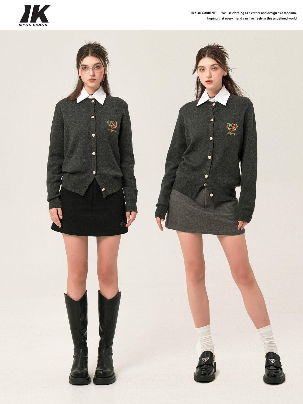 ikyou Embroidered V-neck Minimal Office Knit Button Front Long Sleeve Cardigans