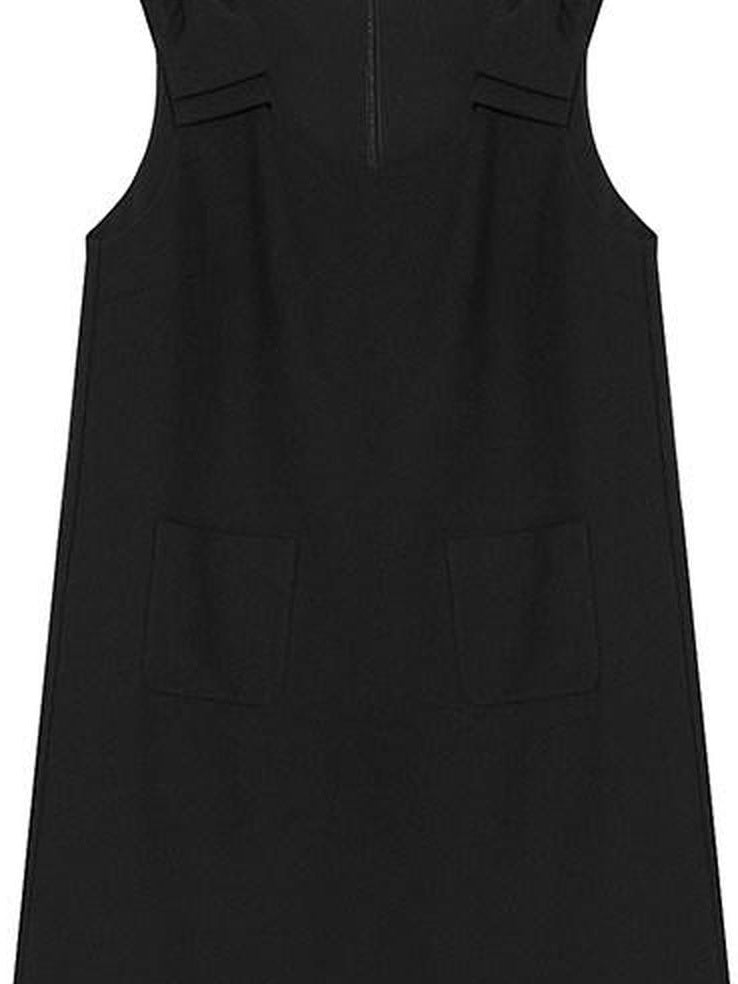 fano Minimal Bow High Waist A Line Sleeveless Round Neck Workwear Black Midi Dresses