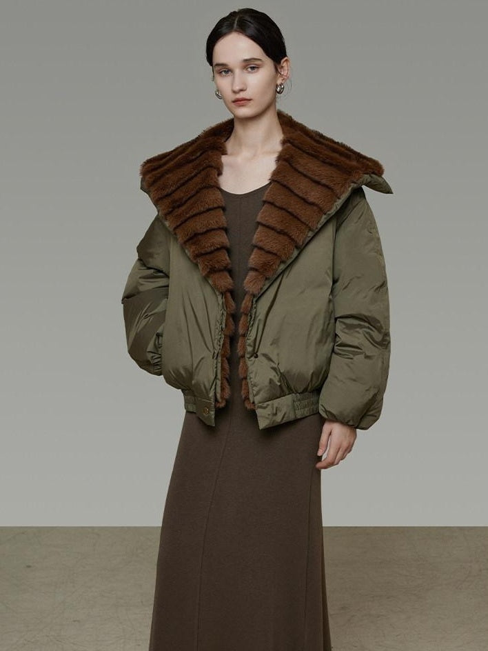 unspoken 90% White Duck Down Warm Loose Patchwork Commuter Olive Green Zip Down Jackets