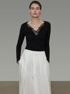 unspoken Viscose Knit Casual Slim Lace Trim Women V-neck Long Sleeve Black Blouses