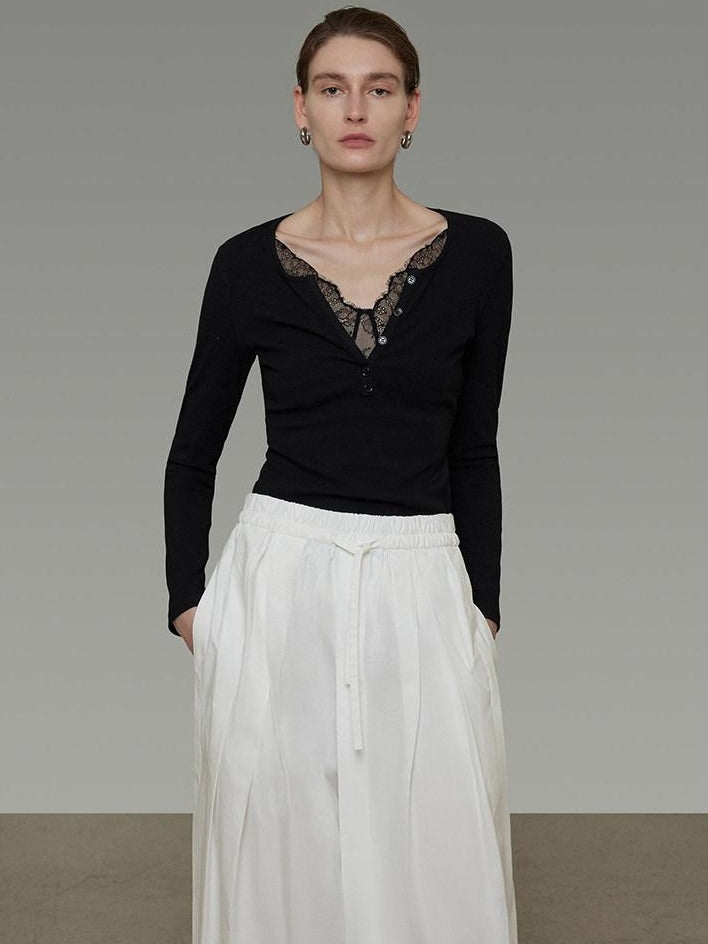 unspoken Viscose Knit Casual Slim Lace Trim Women V-neck Long Sleeve Black Blouses