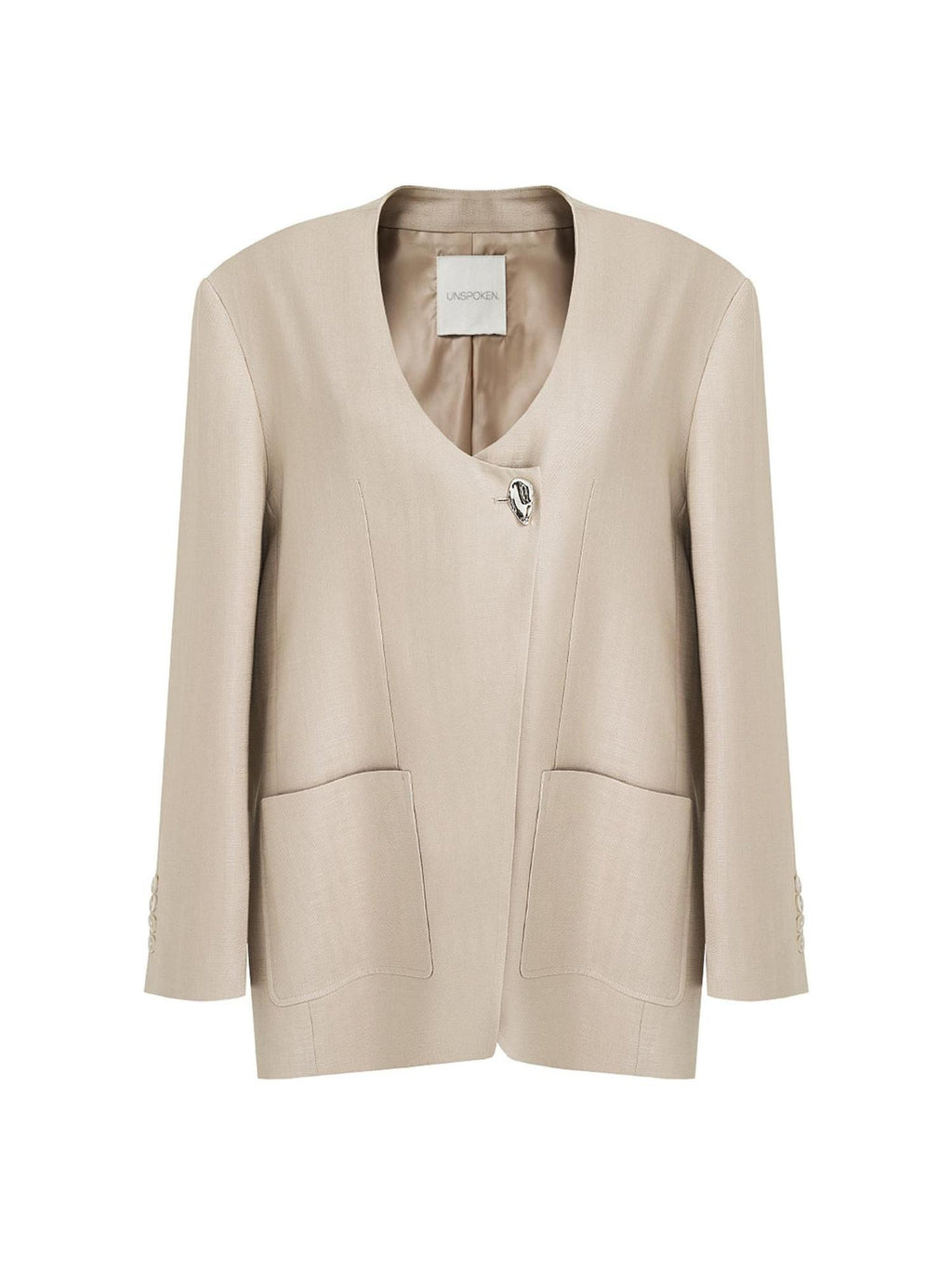unspoken Breathable Tencel Loose Collarless No Button Minimalist Beige Women Blazers
