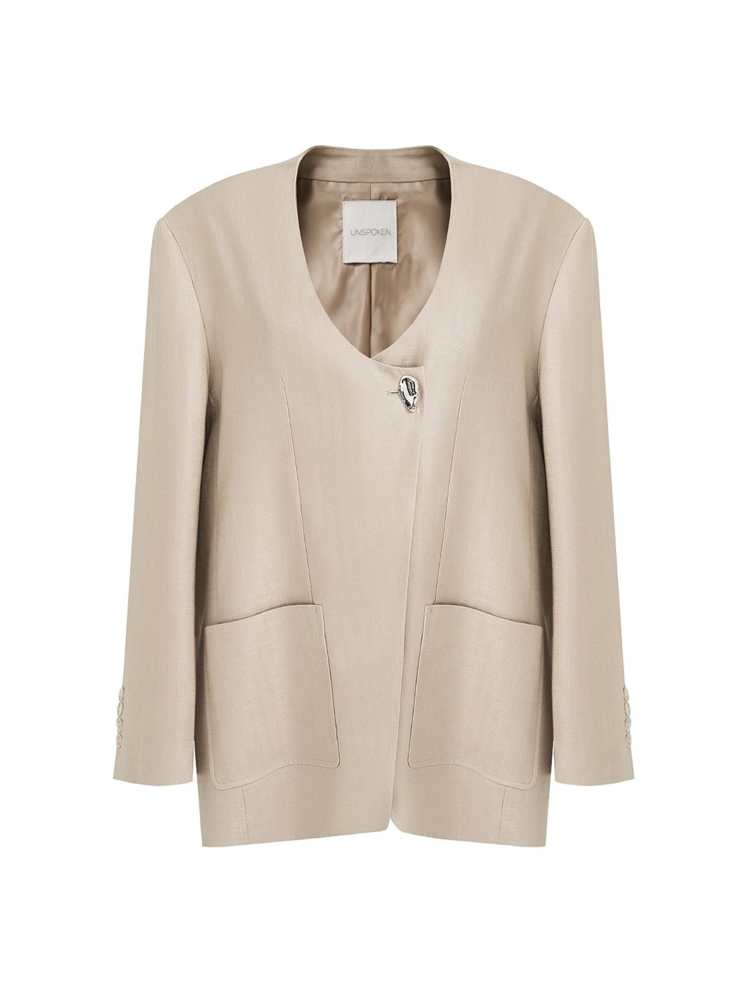 unspoken Breathable Tencel Loose Collarless No Button Minimalist Beige Women Blazers
