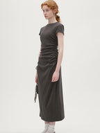 fano Soft Cotton Knit High Waist A Line Button Mock Neck Midi Dresses
