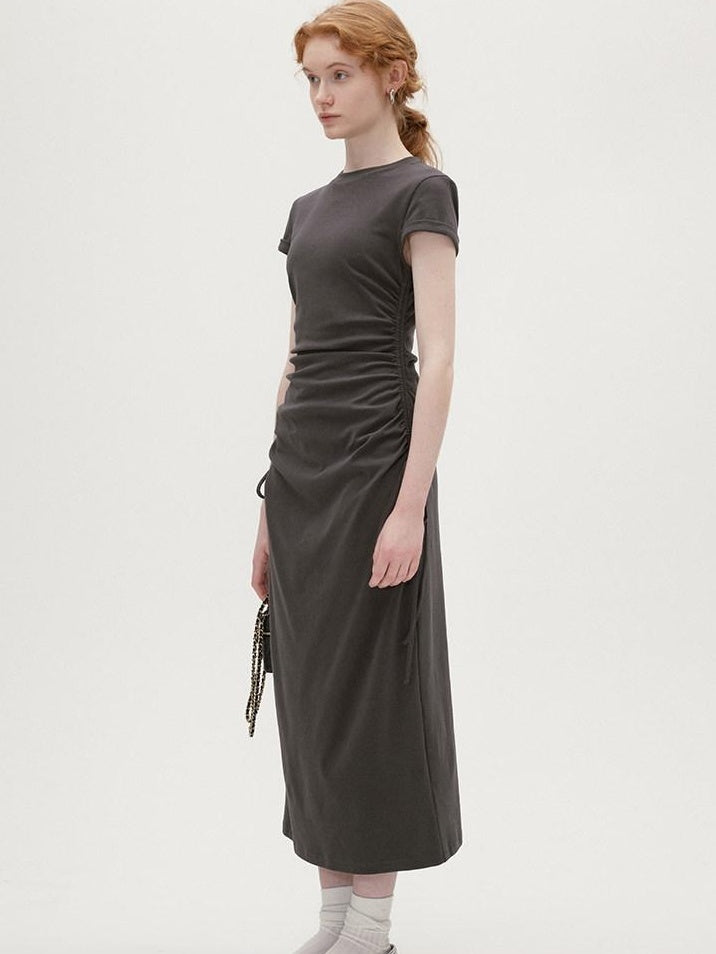 fano Soft Cotton Knit High Waist A Line Button Mock Neck Midi Dresses