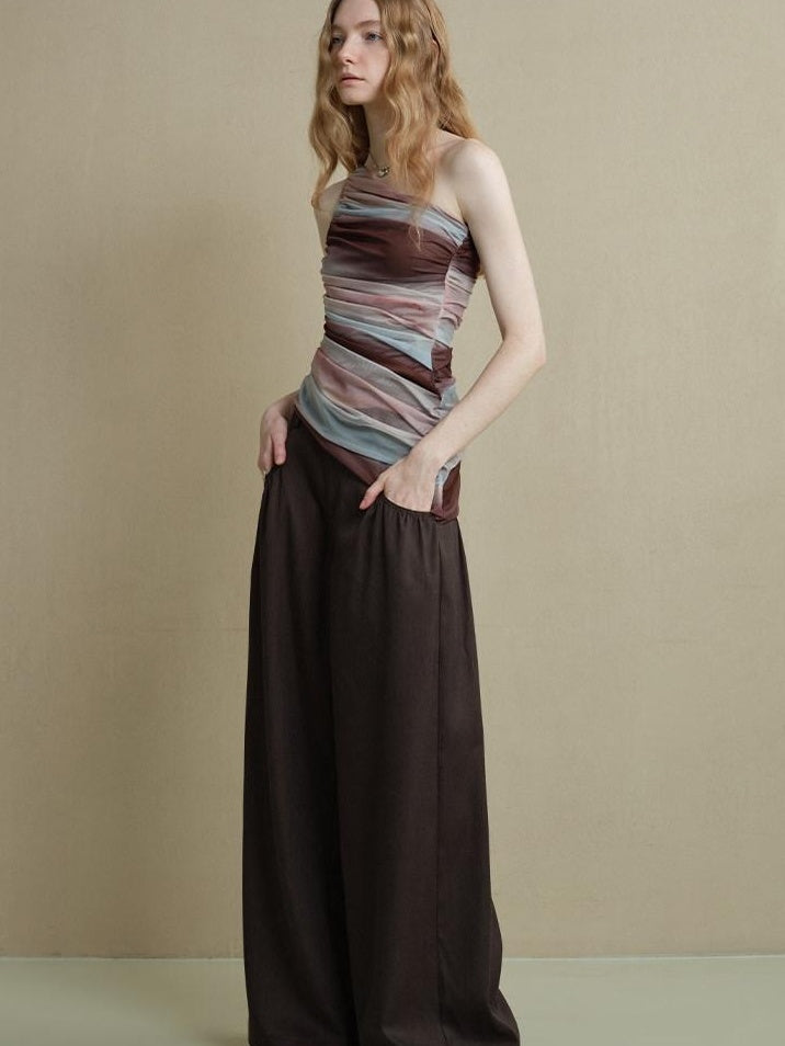 someonesometimes Breathable Tie Dye Stripe Print Slim Fit Versatile Women Off Shoulder Crop Tops