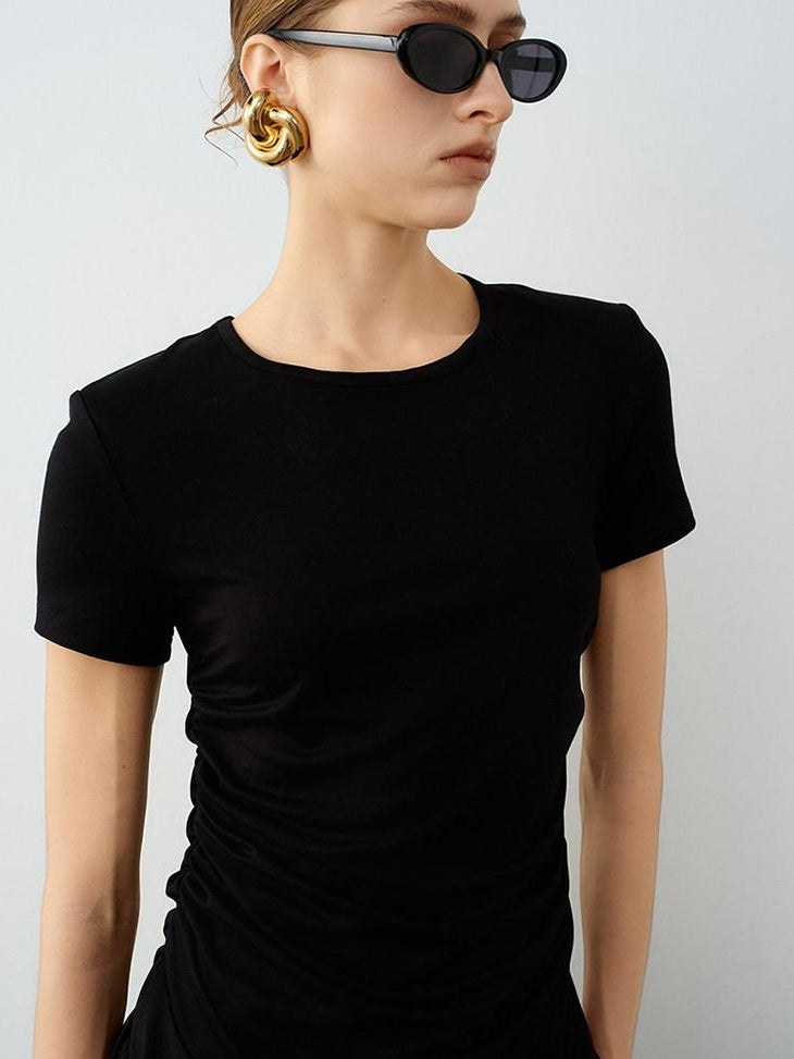 audreyyang Modal Cotton Ruched Commuter Slim Round Neck Womens Black Short Sleeve T-Shirts