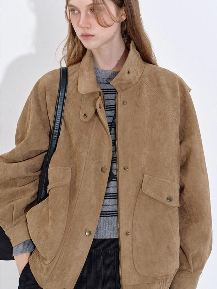 fano Pocketed Khaki Loose Fit Commuter Stand Collar Youth Polyester Bomber Jackets