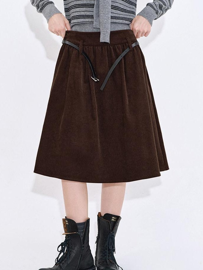 fano Lined High Waist Pleated Vintage A Line Cotton Brown Midi Skirts