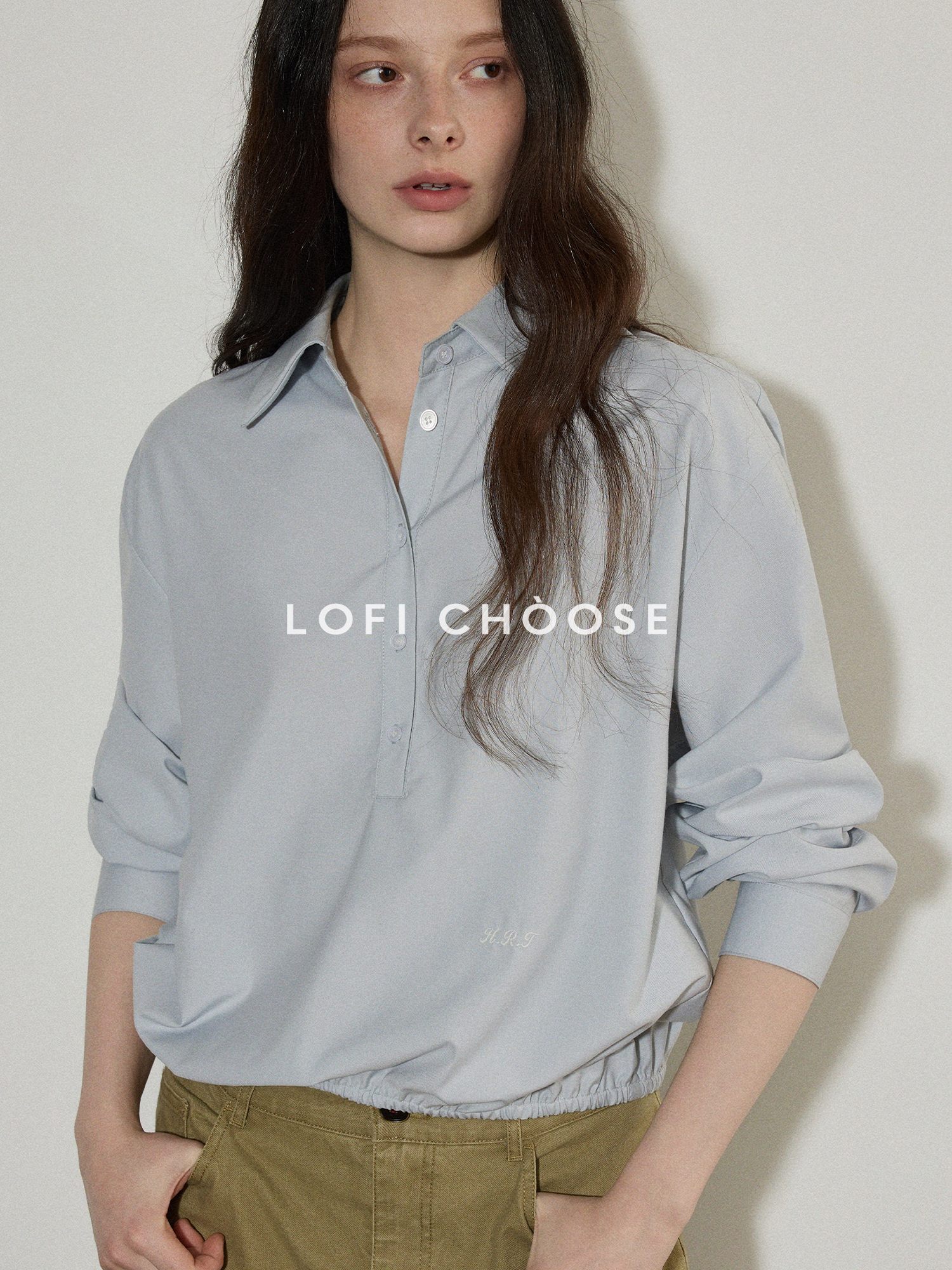 Lofi choose Embroidered Loose Drop Shoulder Collared Workwear For Women Polyester Blouses