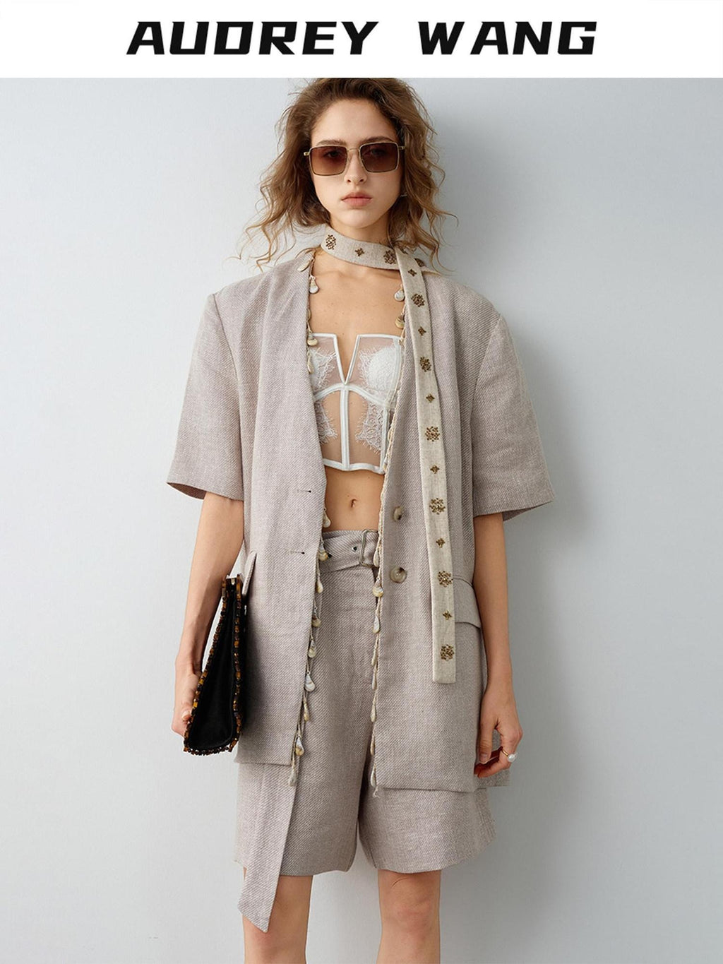 audreyyang Pure Linen Relaxed Short Sleeve Solid Casual Women Lightweight Top & Shorts Sets