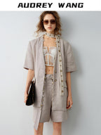 audreyyang Pure Linen Relaxed Short Sleeve Solid Casual Women Lightweight Top & Shorts Sets