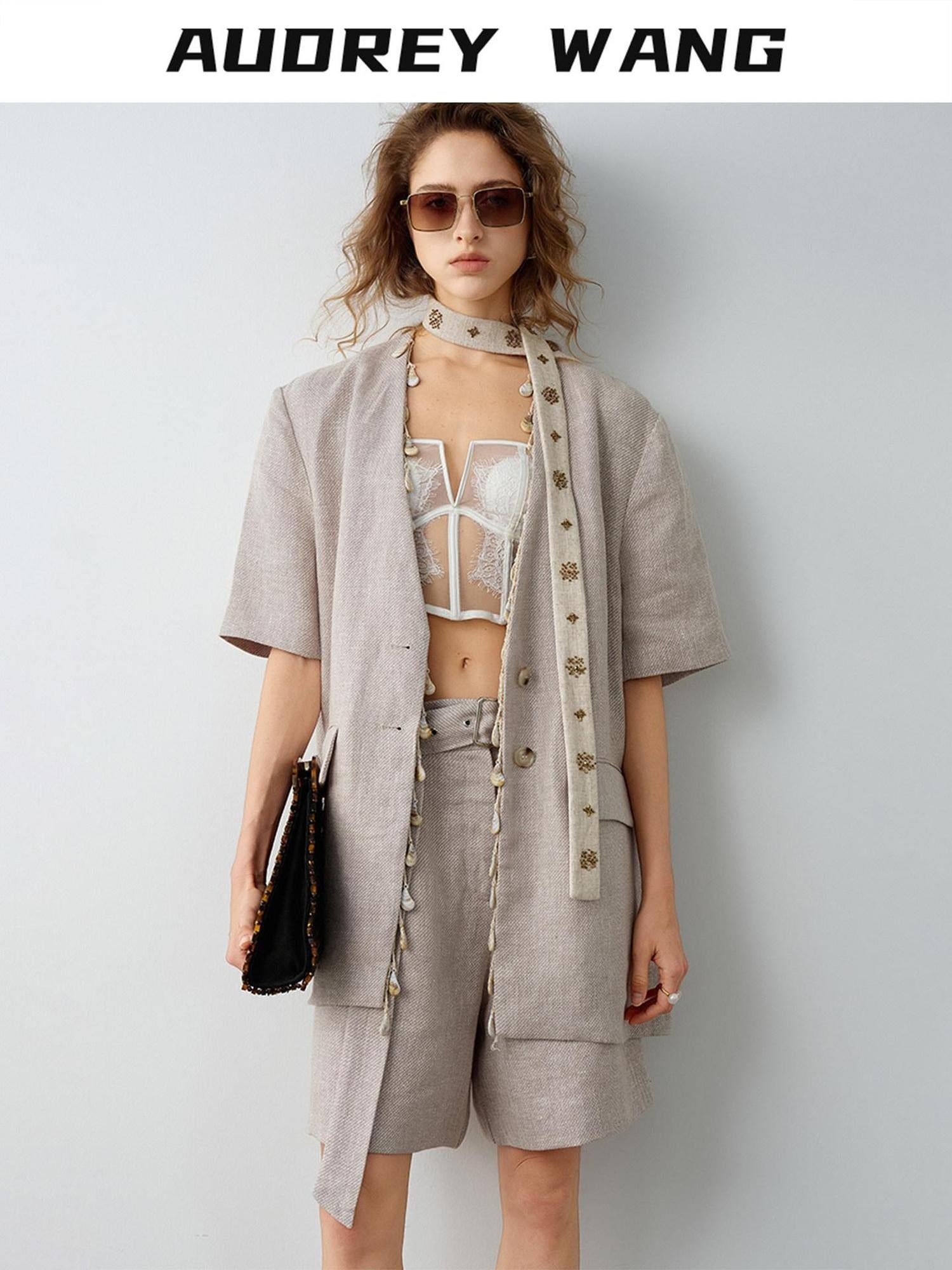 audreyyang Pure Linen Relaxed Short Sleeve Solid Casual Women Lightweight Top & Shorts Sets