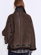 fano Chocolate Brown Fur Lined Stand Collar Loose Fit Casual Women Zip Bomber Jackets
