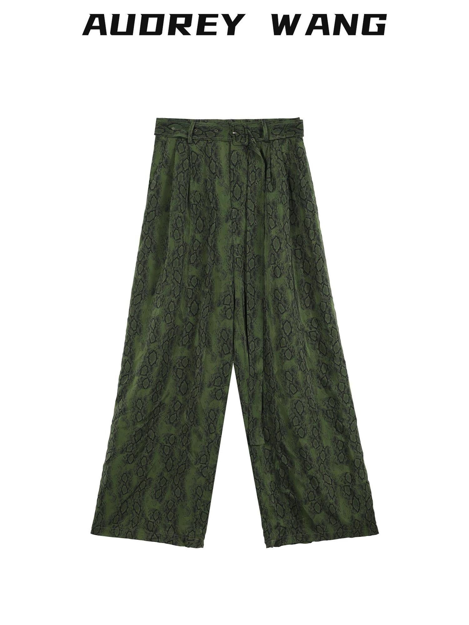 audreyyang Shape Retain Loose Snake Print Dark Green Recycled Viscose Women Wide Leg Pants