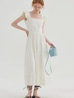 fano High Waist Ruffle A Line Square Neck Office Casual Maxi Dresses