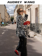 audreyyang Wool Blend Fringe Relaxed Double Breasted Women Zebra Print Blazers