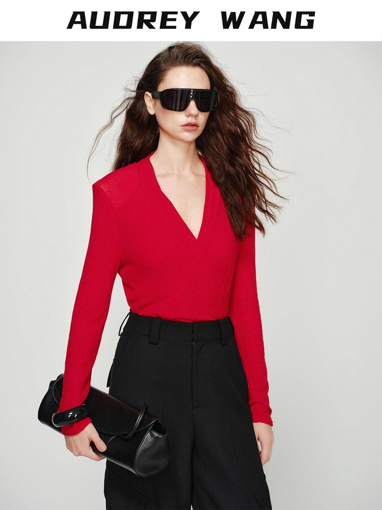 audreyyang Lyocell Wool Stretch Knit Slim Fit V-neck Womens Red Long Sleeve T-Shirts