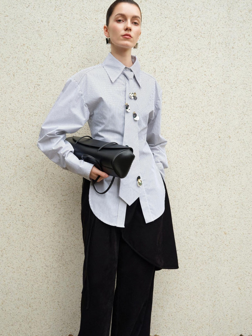 audreyyang Original Design Relaxed Tie Neck Collared Tencel Cotton Striped Blouses