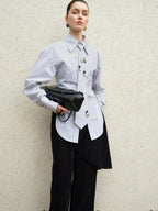 audreyyang Original Design Relaxed Tie Neck Collared Tencel Cotton Striped Blouses