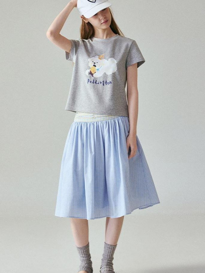 fano Creative Printed Slim Korean Short Sleeve Heather Gray Cotton Basic Crop Tops