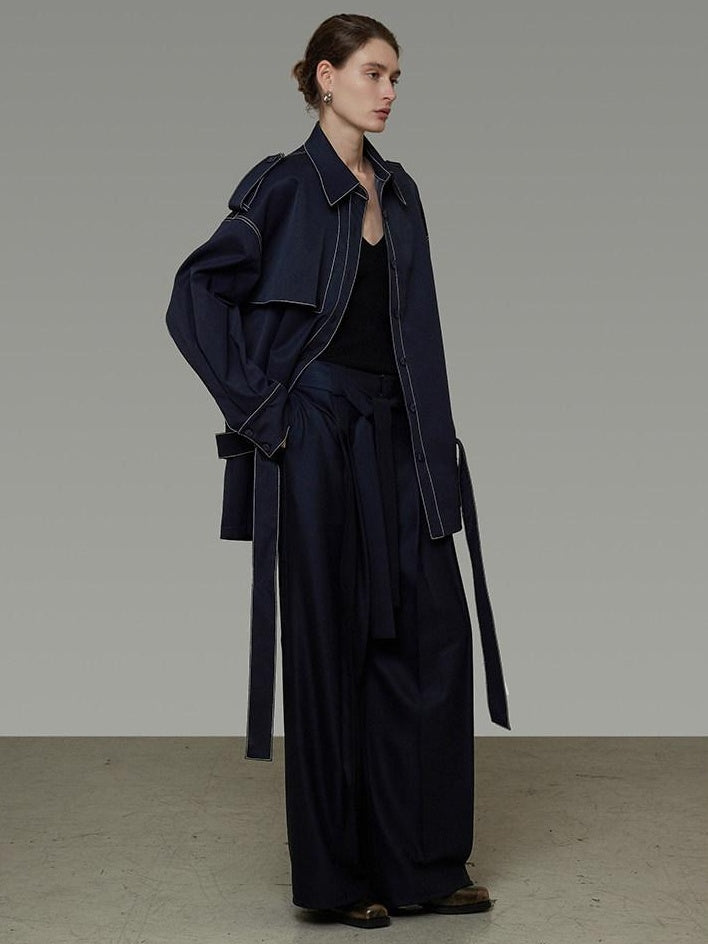 unspoken Vintage Loose Fit Irregular Pocket Detail Women Navy Polyester Trench Coats