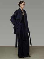 unspoken Vintage Loose Fit Irregular Pocket Detail Women Navy Polyester Trench Coats