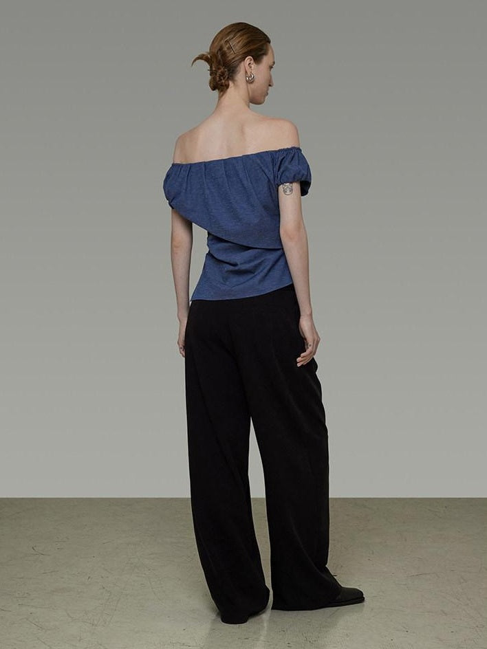 unspoken Wrinkle Resistant Minimalist Slim Asymmetrical Boat Neck Women Blue Blouses
