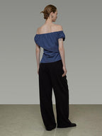 unspoken Wrinkle Resistant Minimalist Slim Asymmetrical Boat Neck Women Blue Blouses