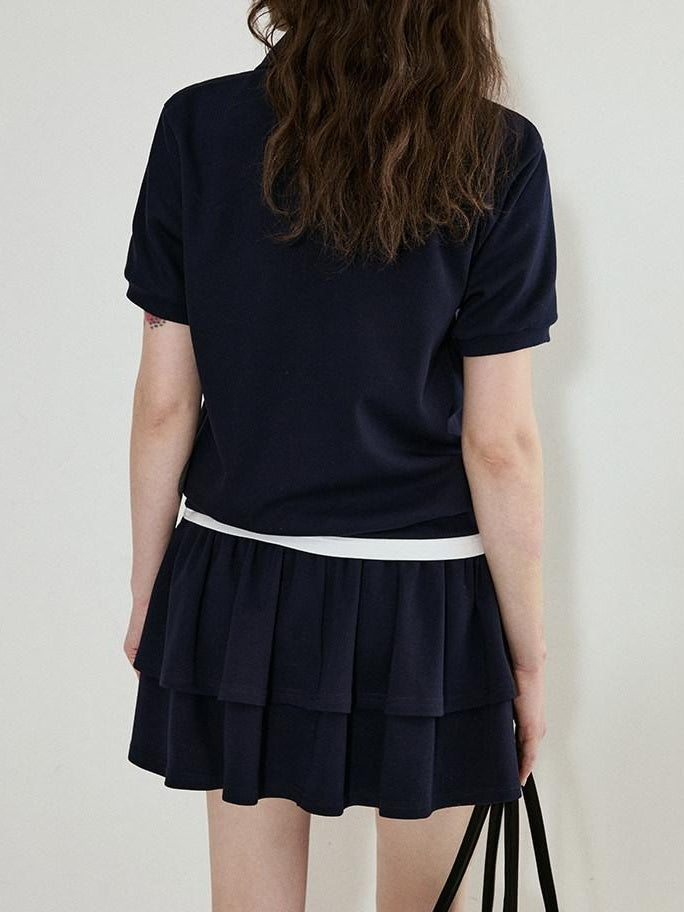 fano Navy Polo Short Sleeve Two Piece Pullover Mini Skirt For Women Top & Skirt Sets