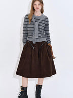 fano Lined High Waist Pleated Vintage A Line Cotton Brown Midi Skirts