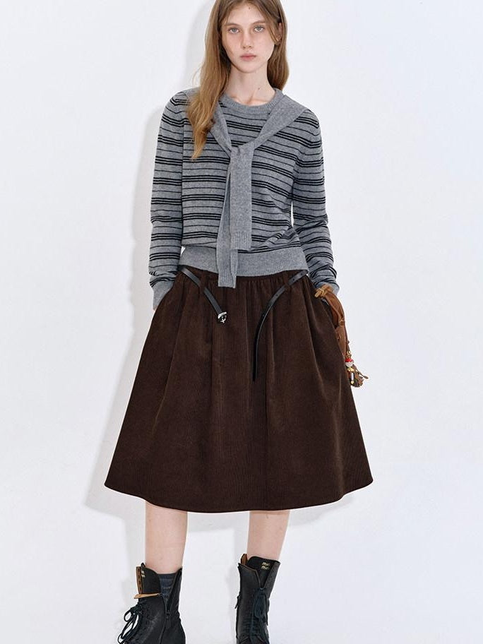 fano Lined High Waist Pleated Vintage A Line Cotton Brown Midi Skirts
