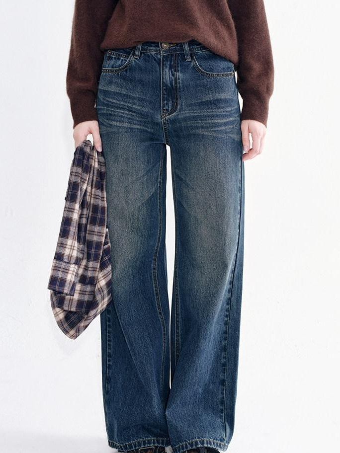 fano Breathable Cotton Wide Natural Waist Plaid Womens Straight Leg Jeans