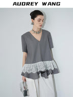 audreyyang Cotton Blend Commuter Patchwork Loose V-neck Heather Gray Short Sleeve T-Shirts